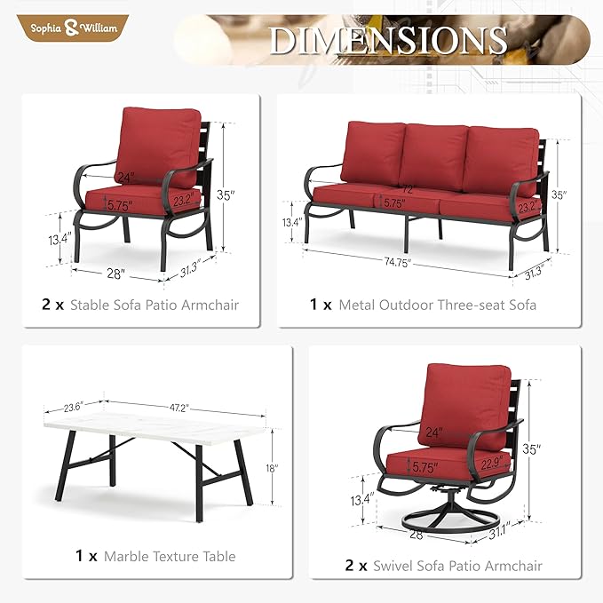 Sophia & William Patio Furniture Sets for 7 Outdoor Conversation Set 6 Pcs with 4 x Armrest Cushioned Sofa Chairs, 1 x 3-Seat Sofa, 1 Marbling Metal Coffee Table Garden Backyard Poolside Red