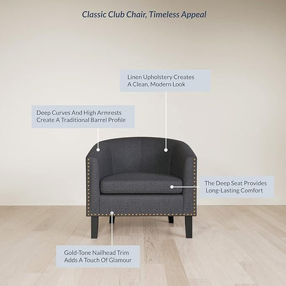 BELLEZE Accent Barrel Chair, Modern Tub Club Chair Upholstered Armchair with Gold Nail Head Trim and Black Legs for Living Room Bedroom Apartment Lounge - Gray/Linen