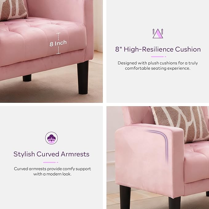 TYBOATLE Mid-Century Fabric Tufted Accent Living Room Armchairs, Comfy Modern Upholstered Bedroom Office Armchair Single Sofa, Reading Lounging Side Lounge Chair Living Room Furniture (Pink)