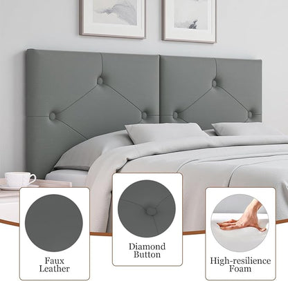 Modern Queen Headboard, Upholstered Faux Leather Bed Headboard with Solid Wood & Sturdy Metal Legs, Tufted Adjustable Height Headboards in Button Design, Grey