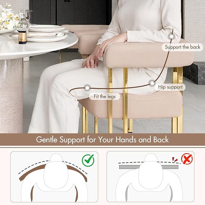 Velvet Dining Chairs Set of 4, Khaki Upholstered Barrel Armchairs with Gold Metal Legs for Kitchen Island, Mid Century Modern Accent Side Chairs for Dining Room and Living Room, Open-Back