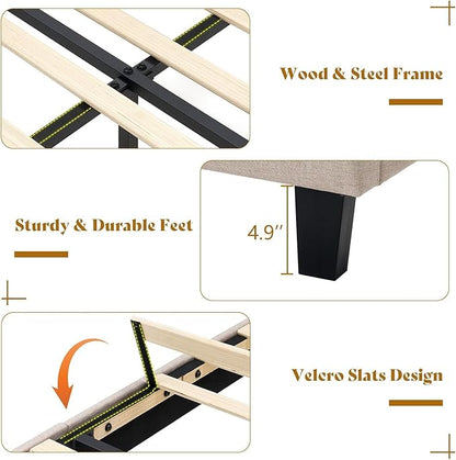 AMERLIFE Full Bed Frame with Linen Upholstered Headboard, Modern Platform Bed with Wooden Slats Support, Noise-Free, No Box Spring Needed, Easy Assembly, Beige