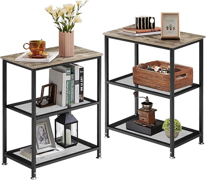 VECELO Tall End Side Tables, 30" Height Nightstand with 3-Tier Storage Shelf for Bedroom Living Room, Easy Assembly,Industrial Style, Grey