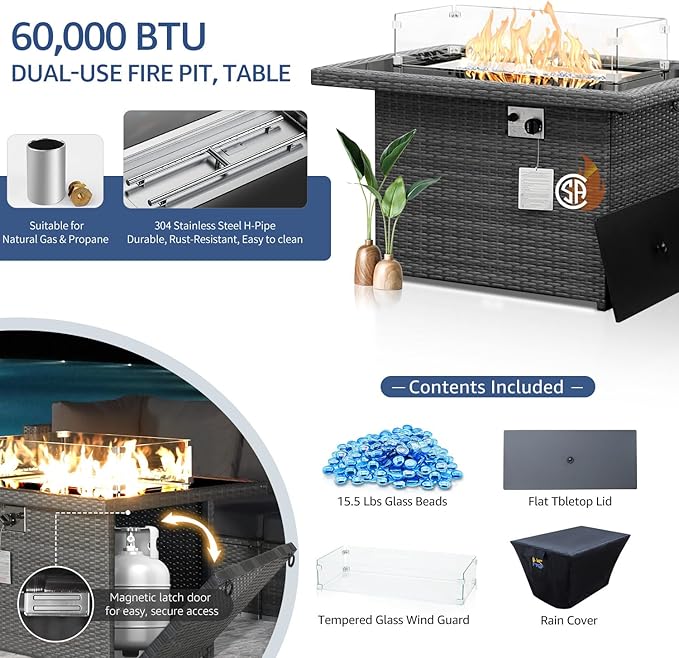 NICESOUL 7 Piece Large Outdoor Patio Furniture Set with Fire Pit Table Gas/Propane, 29.3'' High Back Rattan Modular Sectional Sofa, Extra Wide Conversations for Backyard, 2 Color Cushion Navy & Gray