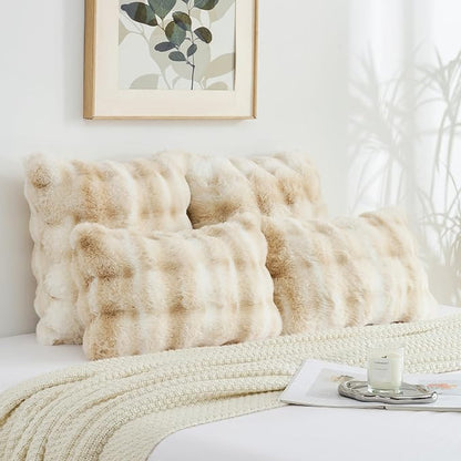 FUTEI Beige White Decorative Throw Pillow Covers 18x18 Inch Set of 2,Soft Fuzzy Faux Rabbit Fur Cushion Covers with Raised Texture,Neutral Boho Home Decor for Couch Bed Living Room
