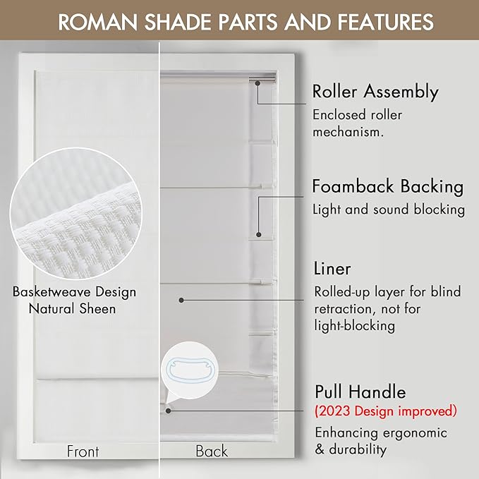 Madison Park Galen Cordless Roman Shade, 23"W x 64"H, Sheen White – Room Darkening, Thermal Insulated, Energy Efficient Window Blind with Subtle Sheen Basketweave Fabric for Privacy