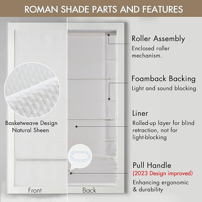 Madison Park Galen Cordless Roman Shade, 27"W x 64"H, Sheen White – Room Darkening, Thermal Insulated, Energy Efficient Window Blind with Subtle Sheen Basketweave Fabric for Privacy