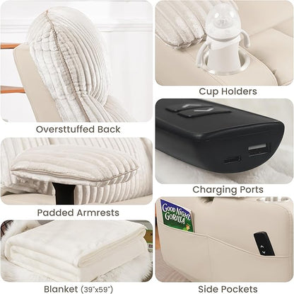 GRAINELL Rocking Chair Nursery, Electric Swivel Recliner Glider with Adjustable Armrests, Nursing Chair with USB Charger, Cup & Blanket Holders, Beige Corduroy & PU Leather