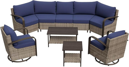 COOS BAY Aurora Terrace Half-Moon Outdoor Furniture Set, Rattan Conversation Set with Swivel Rockers, Curved 5-Seat Sofa, Coffee Table & Side Table, Seats 7, Beige/Blue
