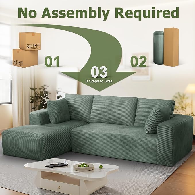 108” Cloud Sectional Couch, Modular Sectional Sofa with Deep Seat, Corduroy Boneless Couches with Chaise for Living Room Bedroom, No Assembly Required