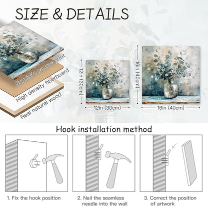 Framed Eucalyptus Leaf Wall Art, Sage Green Botanical Canvas Print, Rustic Farmhouse Bathroom Wall Decor, Soft Blue Floral Aesthetic Picture for Bedroom living Room 12x12 inch