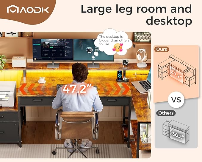 AODK L Shaped Desk with 5 File Drawers, 75" Reversible L Shaped Computer Desk with Power Outlet & LED Strip, Office Desk with Storage Shelves, Gaming Desk with Monitor Shelf, Corner Desk, Vintage