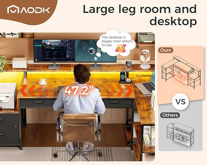 AODK L Shaped Desk with 5 File Drawers, 75" Reversible L Shaped Computer Desk with Power Outlet & LED Strip, Office Desk with Storage Shelves, Gaming Desk with Monitor Shelf, Corner Desk, Vintage