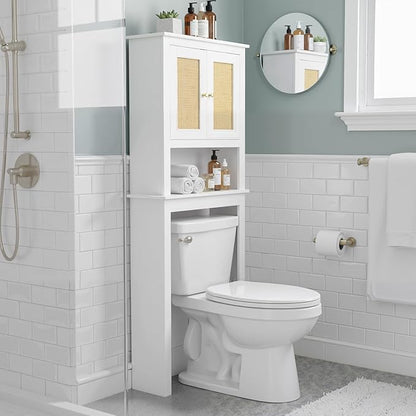 Over The Toilet Storage Cabinet, Behind Toilet Bathroom Organizer with Adjustable Shelves, Above Toilet Organizers with Rattan Door, Space Saver for Restroom, Bathroom, Laundry