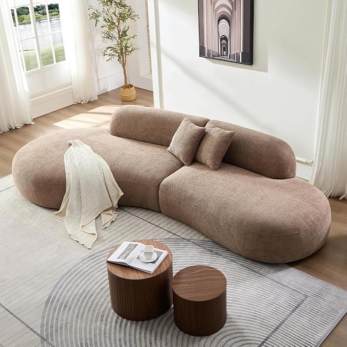 135.4" Curved Sofa Couch Modern Oversized 6-Seat Round Boucle Sectional Sofa Couch with Chaise & Pillows for Living Room Apartment Furniture,No Assembly Needed (Camel-Left-Facing)