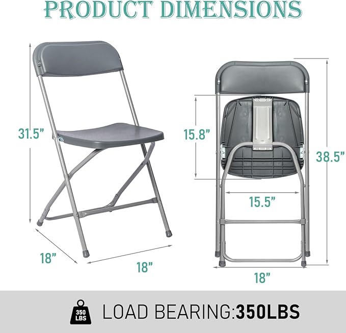 20 Pack Plastic Grey Folding Chairs,Portable Party Chairs Stackable Commercial Seats with Steel Frame for Office Home Outdoor Indoor Wedding Party Patio Dinning Events,350lbs Capacity