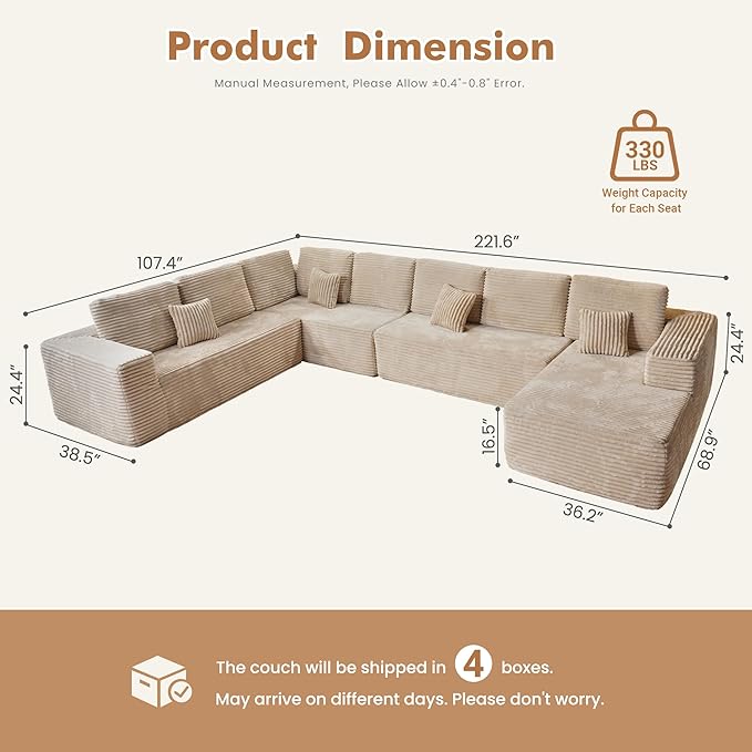 165.7'' U Shaped Sectional Couches for Living Room, Oversized Boneless Cloud Couch with Chaise, Modular Sofa Sets Deep Seat Plush Corduroy, No Assembly Required,Plush Corduroy,Beige