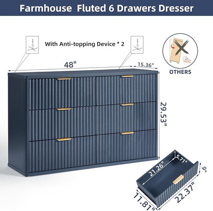 LEYAOYAO Fluted 6 Drawers Dresser, 48" Wide Modern Chest of Drawers with Woodgrain Top, Curved Profile Design, Dresser TV Stand, Wood Drawer Organizer for Bedroom, Living Room, Hallway,Blue