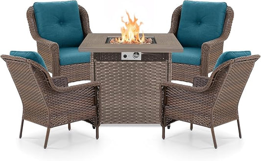Outdoor Patio Chairs with Fire Pit Table 5 Piece Set - High Back Brown Wicker Rattan Lawn Chair with Thick Cushion for Porch Apartment Deck Yard Poolside Garden - Peacock Blue