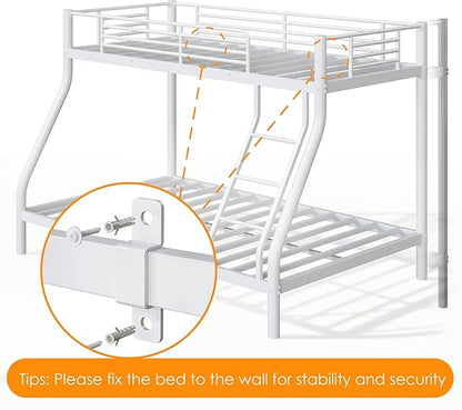 Bunk Beds Twin Over Full Size, Heavy Duty Metal Bunk Bed Frame with Angled Ladder for Teens and Adults, for Spaces-Saving, Smooth Rounded Edges, Noise Free & Easy Assembly, White