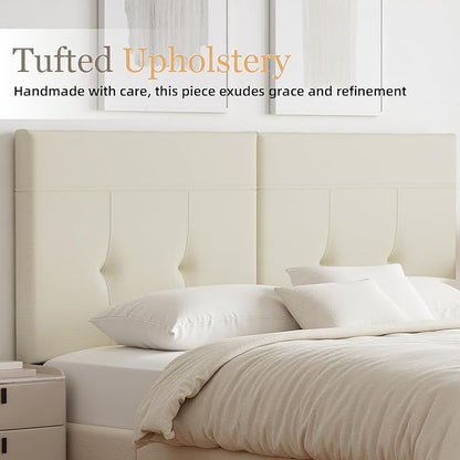 Headboard Queen Size Upholstered Faux Leather, Queen Headboard with Sturdy Metal Legs, Tufted Upholstery Design Headboards with Adjustable Width & Height (Ivory)