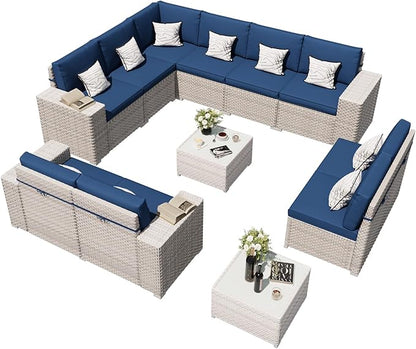 12-Piece Patio Furniture Set, Outdoor Extra Wide Armrest Modular Patio Sofa, Dual-Strand Rattan Wicker, Rust-Resistant Frame, Backyard High Back, Large Seat Furniture for Porch Garden Balcony, Blue