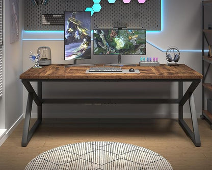 HSH Large Rustic Brown Computer Desk, 70 Inch Home Office Metal Wood Desk for 2 Person, Farmhouse Extra Long Writing Study Gaming Table, Bedroom Living Room PC Laptop Dual Monitor Desk