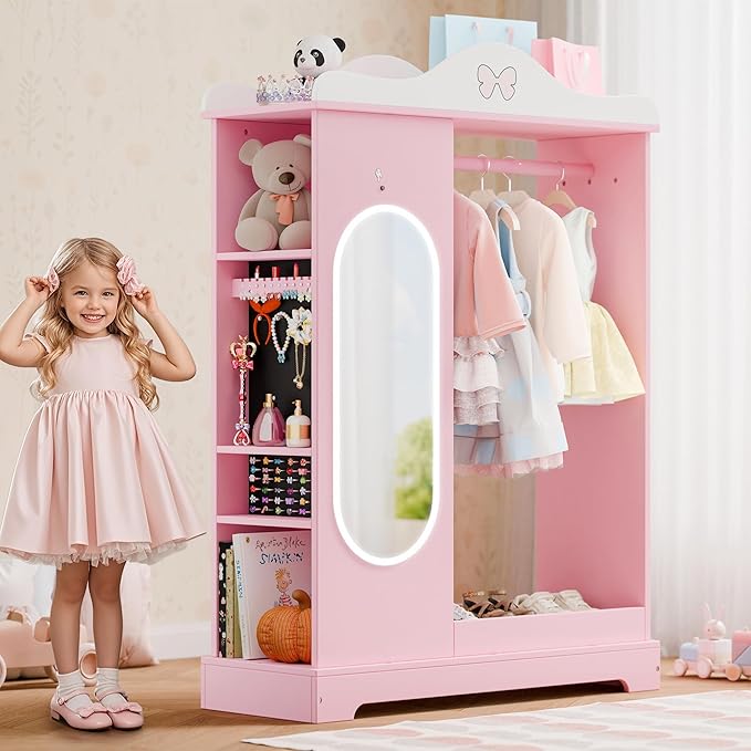 Xilingol Kids Armoire with a Jewelry Cabinet, Princess Dress Up Closet with Mirror, Kids Wardrobe Closet with Storage Shelves, Armoire Costume Organizer for Bedroom, Kids Room, Girl (Pink)