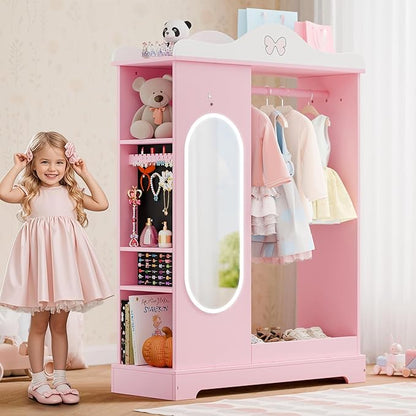 Xilingol Kids Armoire with a Jewelry Cabinet, Princess Dress Up Closet with Mirror, Kids Wardrobe Closet with Storage Shelves, Armoire Costume Organizer for Bedroom, Kids Room, Girl (Pink)