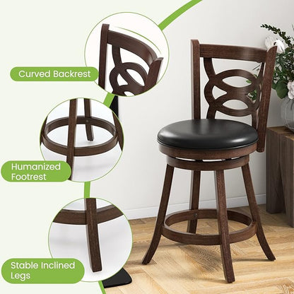 ERGOMASTER Swivel Bar-Stools Set of 2 Brown Counter Height Barstool 24 Inch Seat Bar Chair