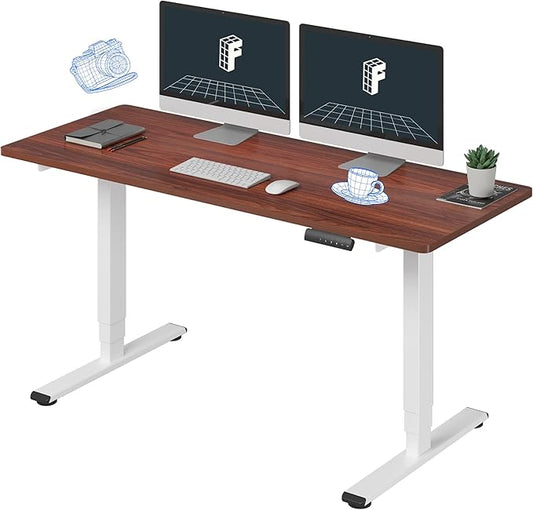 FLEXISPOT E6 Standing Desk 3 Stages Dual Motor Electric 60x24 Inch Whole-Piece Board Height Adjustable Electric Sit Stand Desk(White Frame + Mahogany Desktop, 2 Packages)