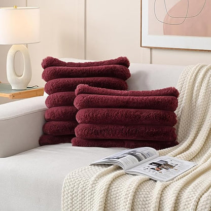 FUTEI Christmas Burgundy Decorative Throw Pillow Covers 12x20 Inch Set of 2, Square Soft Faux Rabbit Fur Thick Striped Lumbar Pillow Case,Winter Home Decor for Couch Bed Living Room
