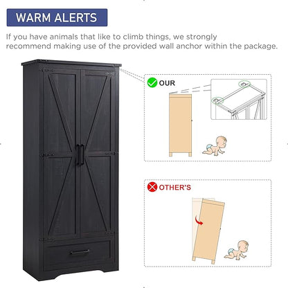 Farmhouse Kitchen Pantry Cabinet - 72" Tall Large Wood Kitchen Storage Cabinets with Adjustable Shelves & 2 Barn Doors & Drawer, Versatile Storage for Dining Room, Bathroom, Living Room, Antique Black