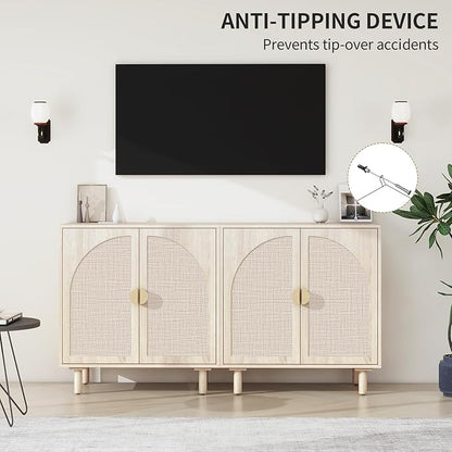 Beige Sideboard Cabinet with 2 Rattan Doors, Rattan Buffet Cabinet with Adjustable Shelves & Pine Legs, Boho Sideboard Buffet for Living Room, Kitchen, Entryway (Beige,1 PCS)