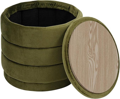 PINPLUS Round Velvet Ottoman Tray, Olive Green Upholstered Decorative Accent for Footstool or Coffee Table, Removable Serving Surface