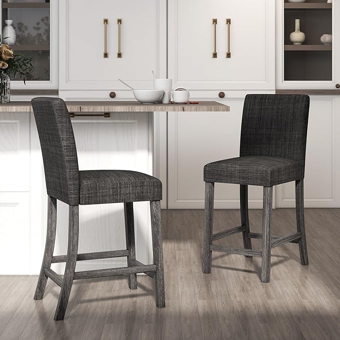 COSTWAY Counter Height Bar Stools Set of 2, 24.5’’ Upholstered Mid Century Modern Island Chairs with Rubber Wood Legs, Wooden Barstools for Kitchen, Dining Room, Bar, Restaurant (Grey)