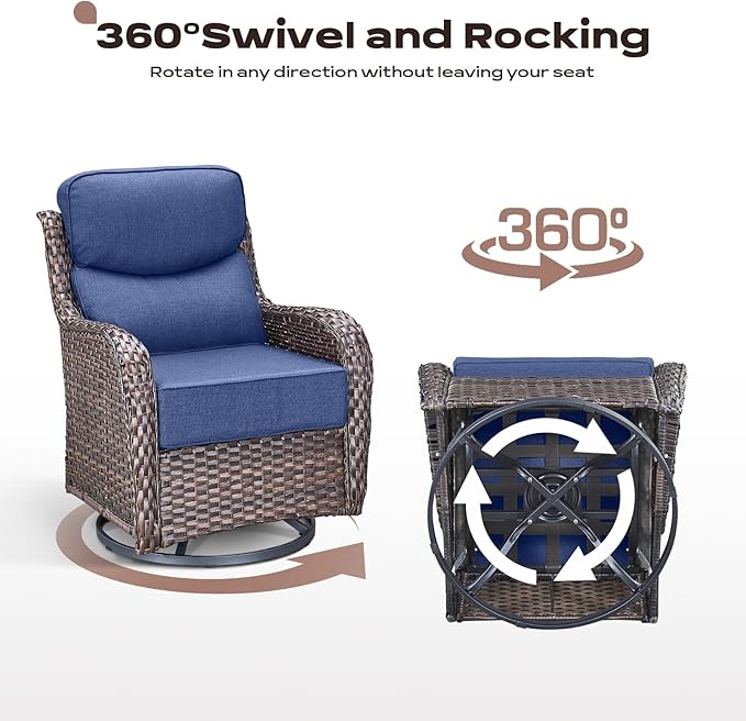 Rilyson Wicker Outdoor Patio Furniture Set - 8 Piece Patio Conversation Sets with Swivel Rocker Chairs, Ottomans, Sofa and Coffee Table, 6 inch Cushions, Deep Seating, for Porch Deck Brown/Blue