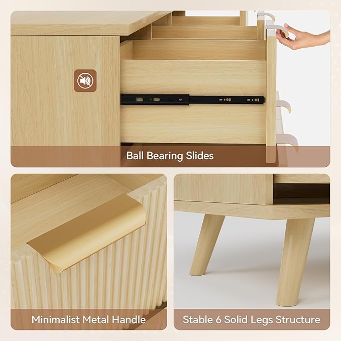 63" Long 9 Drawer Dresser for Bedroom, Modern Chest with Fluted Detailing, Light Wood Boho Dresser and TV Stand, Stylish Storage Organizer for Living Room, Hallway, or Closet, Light Wood