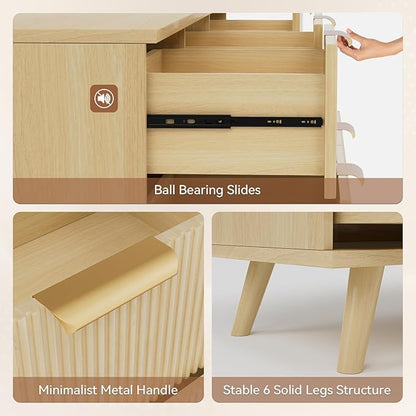 63" Long 9 Drawer Dresser for Bedroom, Modern Chest with Fluted Detailing, Light Wood Boho Dresser and TV Stand, Stylish Storage Organizer for Living Room, Hallway, or Closet, Light Wood