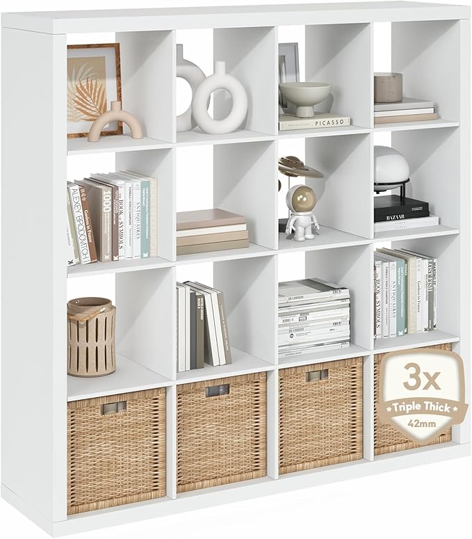 Furinno Cubicle Book Shelf, 16-Cube Bookshelf, Triple Thick Frame Cube Storage Organizer, Bookcase, 15.4 x 57.4 x 56.9, for Home Office, Living Room, Plain White