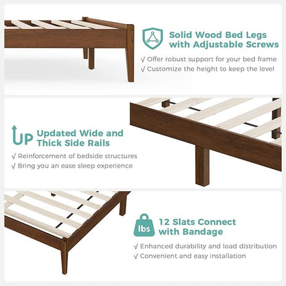 Queen Size Bed Frame, Malaysian Oak Bed Frame with Ladder Headboard, Solid Wood Bed Frames with Elevated Bed Legs, No Box Spring Needed, Noise-Free, Queen Size, Antique Espresso