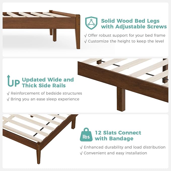 Twin Bed Frame with Ladder Headboard, Malaysian Oak Platform Bed, Modern Malaysian Oak Bed Frames with Wood Foundation, No Box Spring Needed, Easy Installation, Twin Size, Antique Espresso