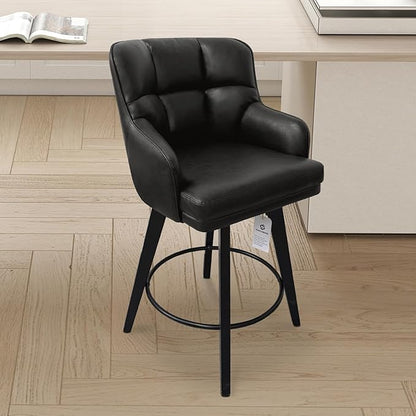 360°Swivel Counter Height Bar Stools with Back, 26 inch Solid Wood Legs, Bar Stool Modern Kitchen Island Chairs, Faux Leather (Black- Faux Leather, 26" H- Set of 3)