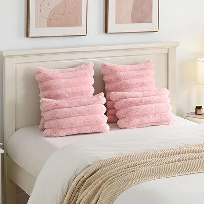 FUTEI Pink Decorative Throw Pillow Covers 16x16 Inch Set of 2, Square Soft Faux Rabbit Fur Thick Striped Cushion Cover,Winter Home Decor for Couch Bed Living Room