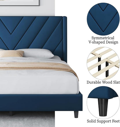Yaheetech Queen Bed Frame Upholstered Platform Bed with Wing Side/Wooden Slat Support/Tufted Headboard with Wing Side/Mattress Foundation/No Box Spring Needed,Blue Queen Bed