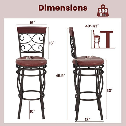 Giantex 30" Swivel Bar Stools Set of 2, Bar Height Bar Stools w/Back, Upholstered PU Leather Seat, Footrest, Max Load 330Lbs, Vintage Metal Barstools for Kitchen Island, Dining Room, Rustic Brown