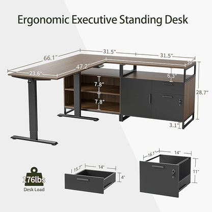 BANTI Executive L Shaped Standing Desk, 66 Inch with 2-Drawer File Cabinet, Electric Height Adjustable Stand up Desk, Home Office Computer Desk with Shelves, Black Walnut Top