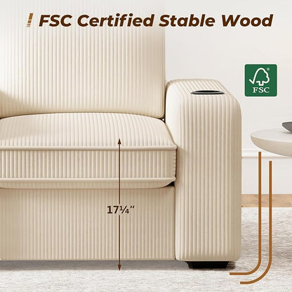 Furnimart 4-Seater Sectional Sofa and Couch Set Corduroy, Loveseat & 2PC Chairs with USB Charger and Cup Holder, Small Living Room Furniture Set for Apartment, Tiny Homes and Lofts, 3PC-Beige