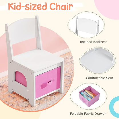 Costzon Kids Vanity with Lights, Girls Vanity Set with Mirror, Storage Drawers, Cabinet & Shelves, Toddler Makeup Vanity Desk Dressing Table, Wooden Kids Vanity Table and Chair Set (White)