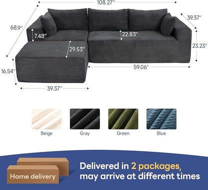 2025 New 108" Cloud Couch Sectional, Modular Sectional Sofa with L-Shaped Chaise, Deep Seat Sectional Modular Couch for Living Room, No Assembly Required (Gray, Chaise Ottoman)